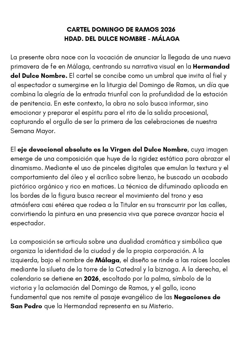 HdadDulceNombre's tweet photo. SALIDA PENITENCIAL ✝️ | Cartel anunciador de nuestra Estación de Penitencia 2026.
Obra realizada por D. José Miguel Formigo Rodríguez.

#CofradíasMLG https://t.co/D8V0PlEI7b