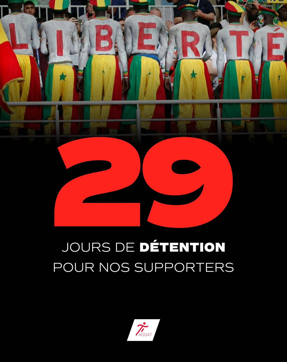29 jours de détention pour nos supporters sénégalais

Depuis le 18 janvier 2026, date de la finale de la CAN 2025, 18 supporters sénégalais sont injustement détenus au Maroc.

Justice pour nos supporters.