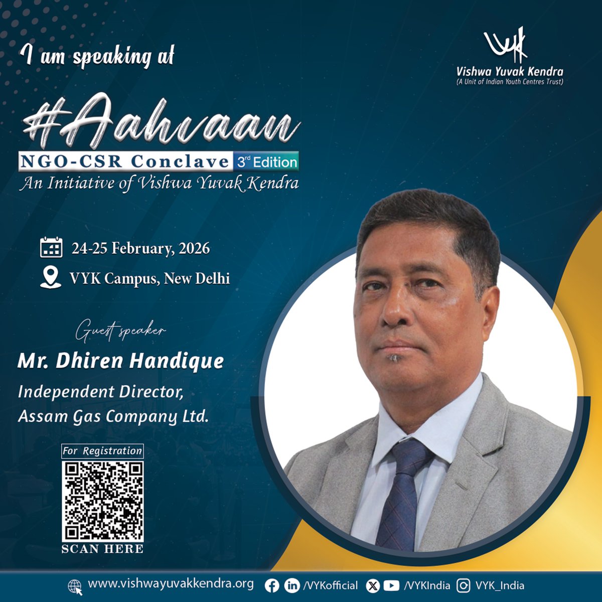 We are pleased to welcome Mr. Dhiren Handique, Independent Director, Assam Gas Company Ltd., as a distinguished speaker at #Aahvaan: #NGO–#CSR #Conclave2026 (3rd Edition). Join us &amp; be part of a collaborative platform connecting industry leadership with sustainable development.