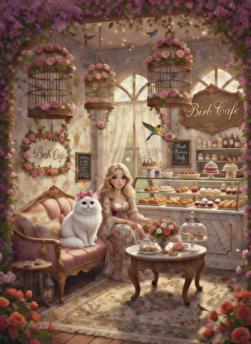 🌸✨ Good morning, loves! 🌸✨

Waking up to soft pink roses 🌹 
the scent of fresh pastries 🥐 
&amp; a purring white kitty 🐈 

May your day be as gentle
&amp; sweet as this little corner
of magic 🪄 at The Birb Café 🍰

Enjoy a cup ☕️ of something
delicious to start your Sunday 💕