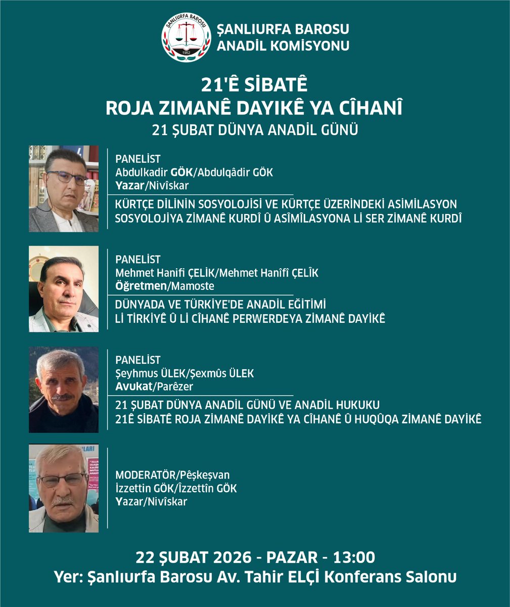 RihaZiman's tweet photo. LI SER 21Ê SIBATÊ ROJA ZIMANÊ DAYIKÊ YA CÎHANÎ VEXWENDNAMEYA PANELÊ!
           
🗓️ Dîrok: 22 Sibat 2026 - Yekşem
               
🕐 Destpêk: 13:00
            
🚩 Cih: Baroya Rihayê

Hemî Miletê Me Vexwendî Ye! https://t.co/AgLa4x0zA7