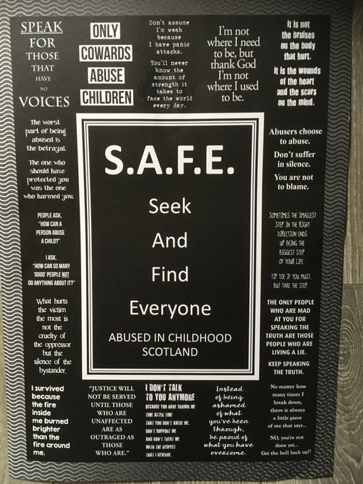 COME FORWARD BE BRAVE. DONT TAKE YOUR ABUSE TO THE GRAVE.    

On the 26th of February outside the Scottish parliament we will be trying something special.    

Dig this.     

We have four banners.   

1. KEEP THE PROMISE.  

2.SURVIVORS UNITED WE NEVER GIVE IN.