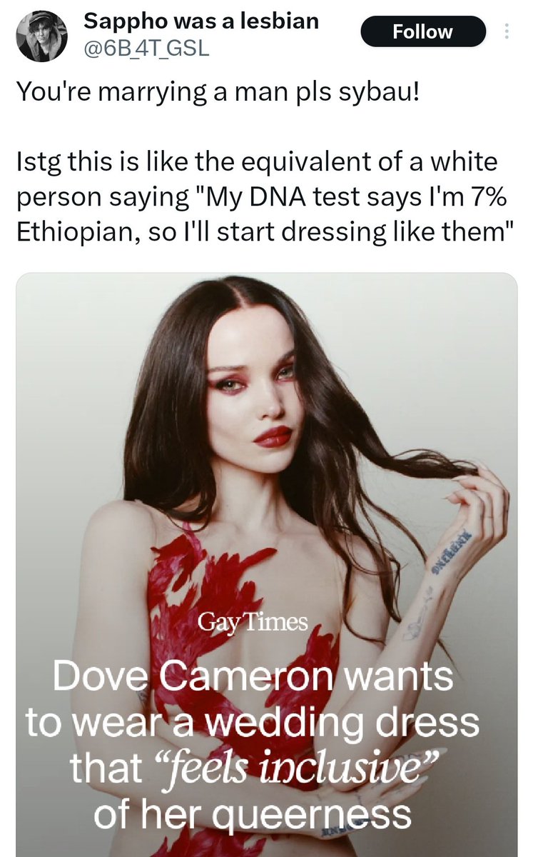 user7643789327's tweet image. but if she were to ignore her queerness yall would call her a traitor to the community and a straight woman pretending to be queer... and if she married a woman you'd call her a lesbian. we really cant win.