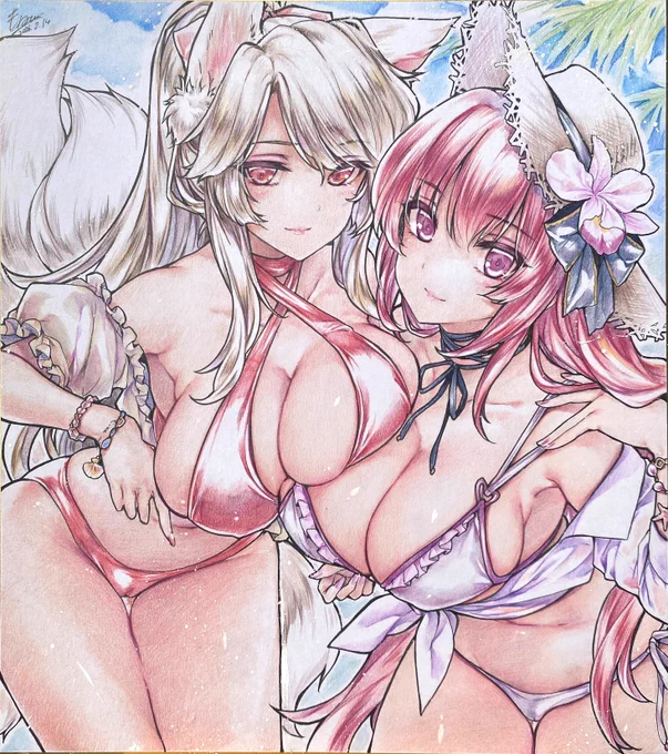 【リクエスト】うずめてみる?【花騎士】 #色鉛筆 #直筆色紙 水着ヒガンバナさんとカトレアさん