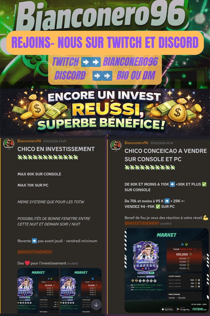 L'ACHAT REVENTE C'EST DIFFICILE IL PARAÎTRAIT👀🎯💸
AH BON ?😂

ENCORE UN COUP RÉUSSI POUR NOUS SUR LE DISCORD ✅️

UN INVESTISSEMENT PARMI TANT D'AUTRES 🤪

TWITCH ➡️ twitch.tv/bianconero96 ( JE VOUS AIDES AUSSI ICI )

DISCORD ➡️discord.gg/sUbTw4fbTc ( C'EST GRATUIT )