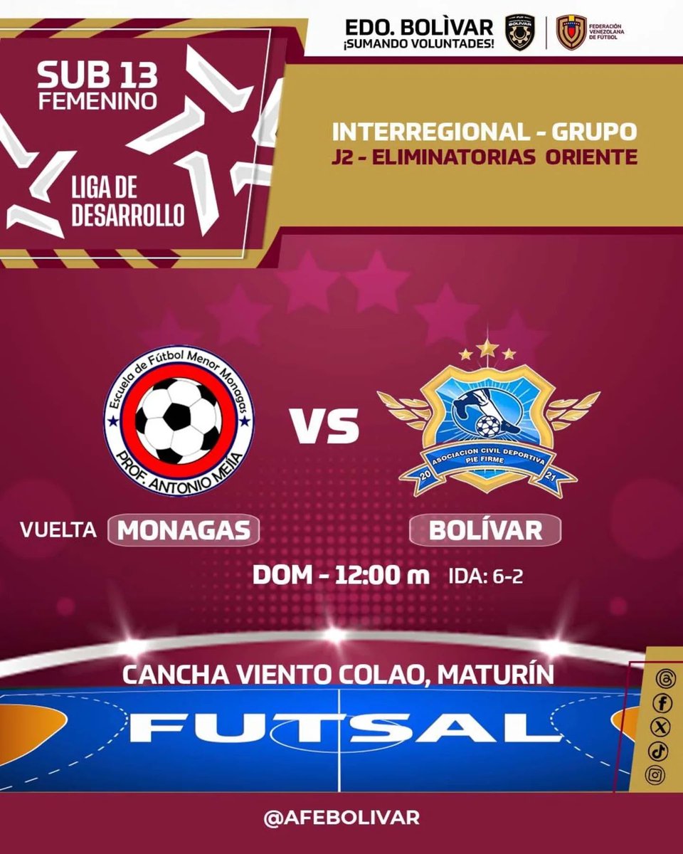 ¡Día del partido de vuelta! 🌟

Pie Firme, representante del edo. Bolívar, visita a @escuelamejiafmm en el partido de vuelta por la Liga de Desarrollo Futsal Sub-13.

¡Éxitos, chicas! 💪