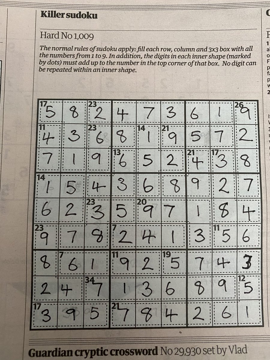 Finally finished yesterday’s Guardian hard killer sudoku took me over an hour 😬
still better than my previous 2weeks of defeat 😂