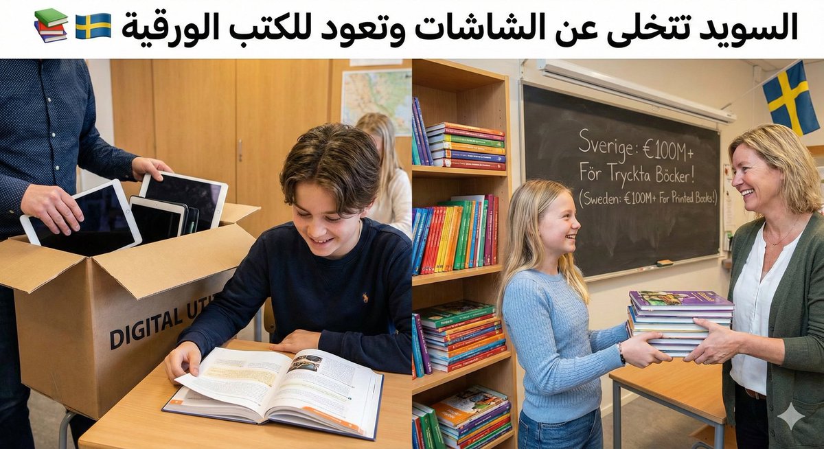 خطوة جريئة من السويد! 🇸🇪📚

قرروا يستثمرون أكثر من 100 مليون يورو عشان يسحبون الآيبادات والشاشات من المدارس، ويرجعون للكتب الورقية.
ليش؟

لأنهم لاحظوا تراجع بمستوى الطلاب، تشتت بالانتباه، وضعف بالاستيعاب بسبب الشاشات. واكتشفوا إن الكتاب الورقي يعطي تركيز أعمق وتثبت فيه المعلومة