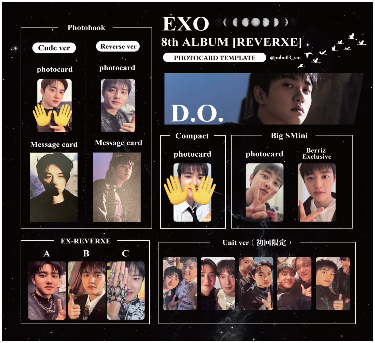 EXO Reverxe 交換 トレカ　メッセージカード
譲　カイ レイ セフン
        ユニット：セフン スホ、レイ セフン
求　ギョンス D.O. ディオ　異種可　
　　画像④👐以外の全て

画像①から③所持（②は2枚ずつ有）

郵送での交換希望です📮
気軽にお声掛けください🙇‍♀️
#EXO_REVERXE