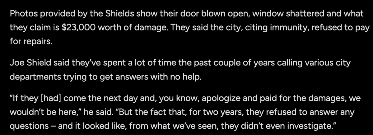 data_atx's tweet image. In 2023, Austin police did $23k in damage to an innocent house while SWAT raided the neighbor

City refused to pay, citing immunity

Homeowner sued

Now, instead of paying, city legal wants council to approve outside law firm hire for $600k to defend city

What?! Just pay them!