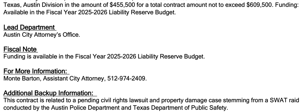 data_atx's tweet image. In 2023, Austin police did $23k in damage to an innocent house while SWAT raided the neighbor

City refused to pay, citing immunity

Homeowner sued

Now, instead of paying, city legal wants council to approve outside law firm hire for $600k to defend city

What?! Just pay them!