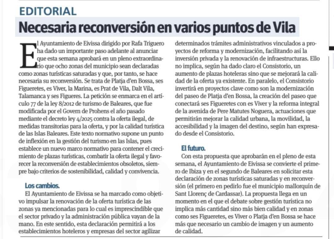 🔵 Esta semana el Ayuntamiento de Eivissa aprobará en pleno la solicitud para declarar 8 zonas como turísticas saturadas.

👉 No es una medida cualquiera. Es planificación. Es gestión. Es modelo de ciudad.