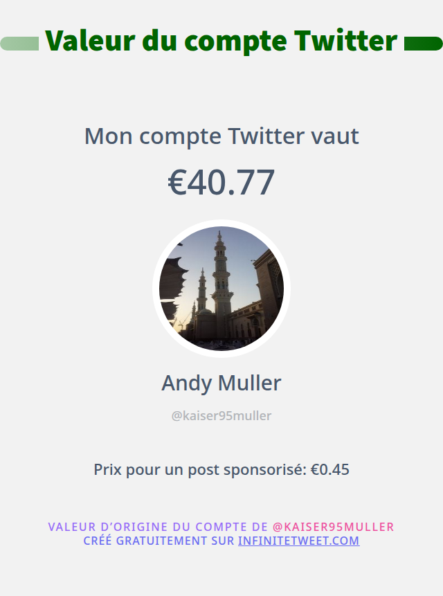 kaiser95muller's tweet photo. Mon twitter vaut: €40.77

➡️ https://t.co/QTooadiQp8 https://t.co/7woj7LGPTv