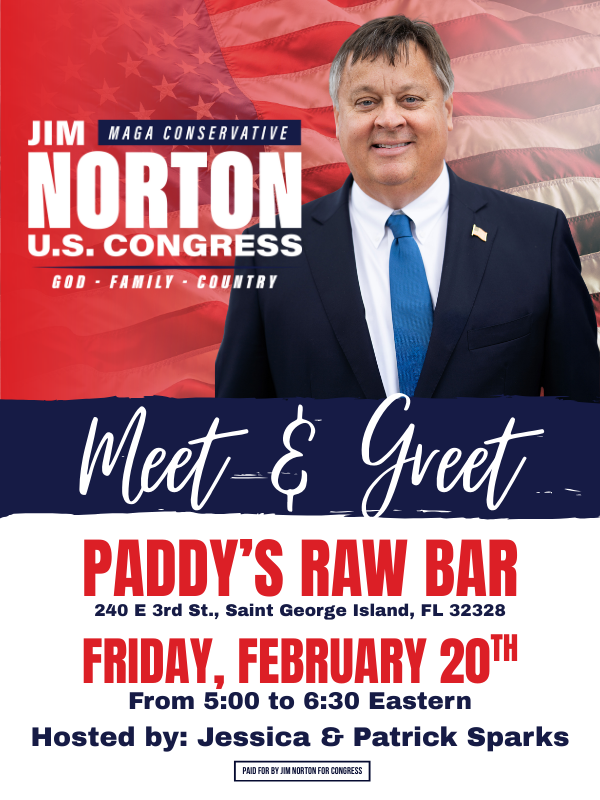 nortonforfl's tweet photo. Saint George Island, I’m headed your way!

On Friday, February 20, I’ll be at Paddy’s Raw Bar from 5:00 to 6:30 p.m. Eastern.

Make plans to stop by and join us! https://t.co/0QDj3Whkms