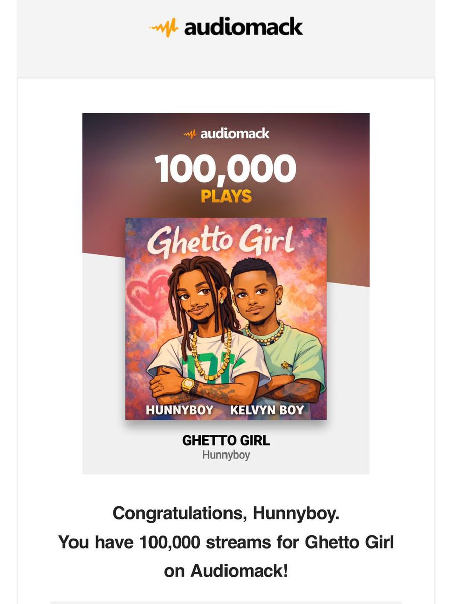 “Ghetto Girl” featuring <a href="/kelvynboymusic_/">Trendiest ☦️</a> has surpassed 100,000 streams On <a href="/audiomack/">Audiomack</a> in 4 Days.
Love to All Who Keep Making it possible, Let's Celebrate this One 🇬🇭🐝❤️

Link:  ditto.fm/ghetto-girl