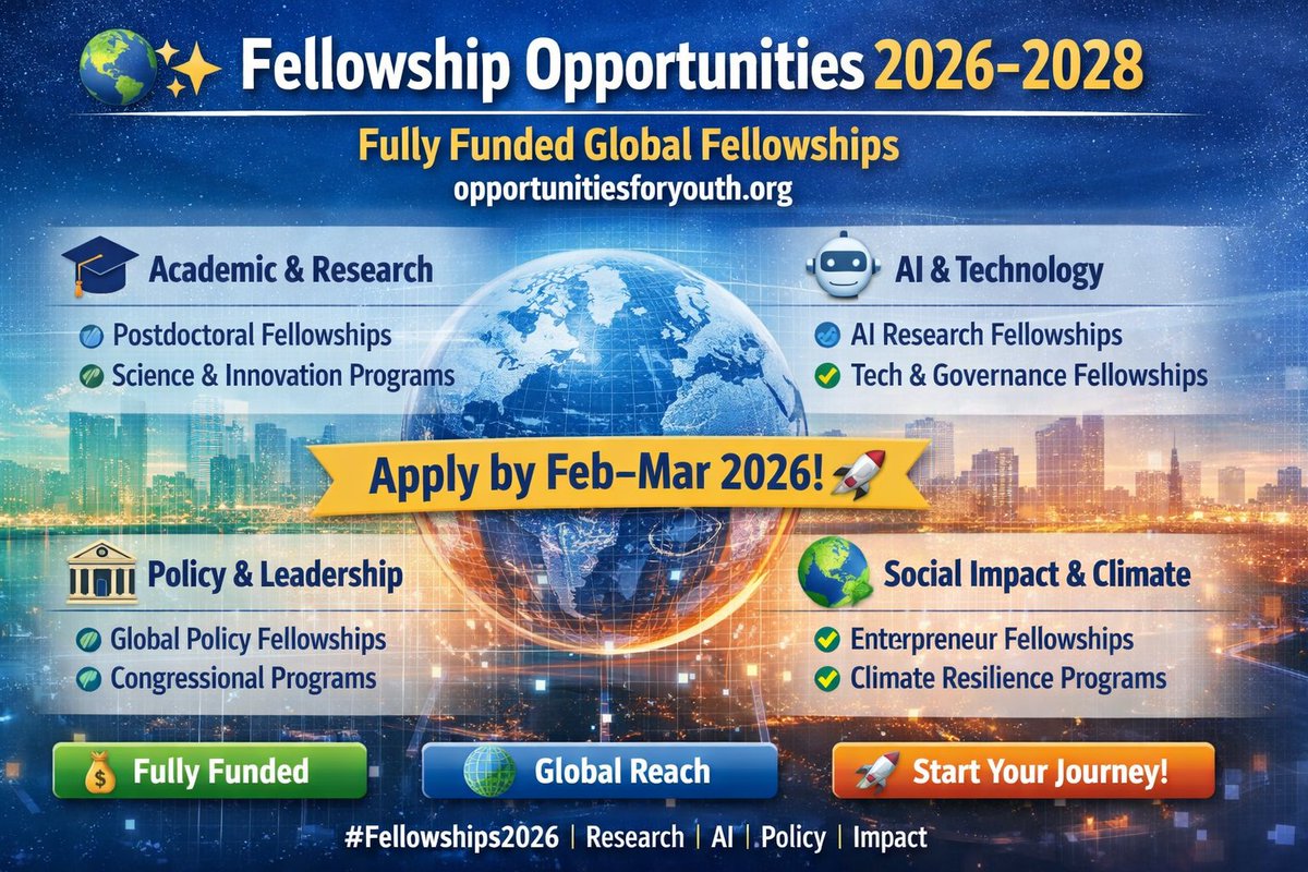 🌍✨ Top Fully Funded Fellowships 2026–2028 in Research, AI, Policy &amp; Social Impact (UKRI, Turing AI, Harvard, Camelback &amp; more) — apply before Feb–Mar deadlines: bit.ly/3OfkcQo

🚀 #Fellowships2026 #FullyFunded