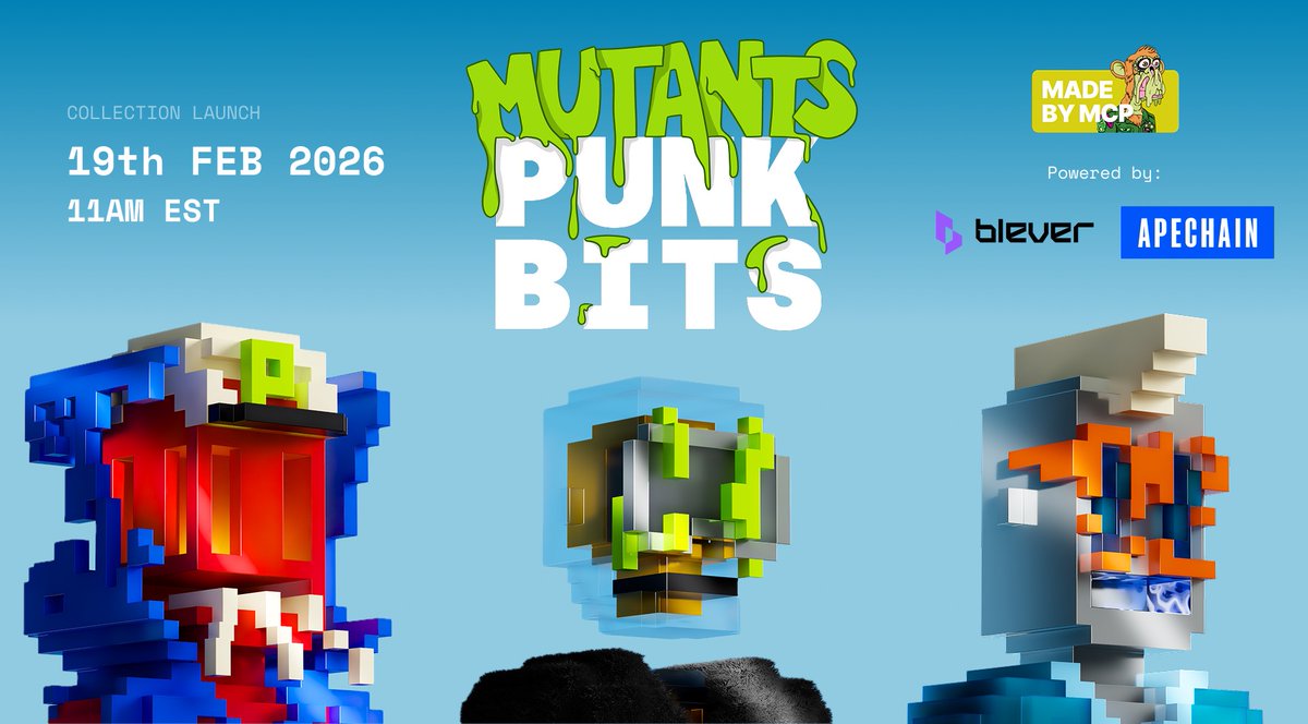 Collaboration with <a href="/PUNKBITS_nft/">PUNKBITS</a>  on Apechain
Details:
• Feb 19, 2026 11AM EST
• $1 mint (free for existing holders)
• 10,000 supply

* Follow <a href="/PUNKBITS_nft/">PUNKBITS</a>  &amp; @ahmed450ah
* Join tele: t.me/club4art
* Join: discord.gg/HjH24wwny
* Like &amp; Rt. Drop your #ape wallet