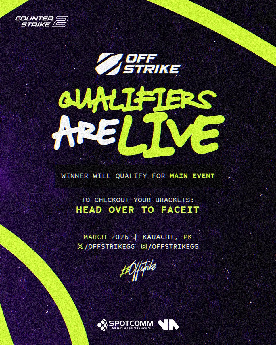 Qualifiers are LIVE. 🔥

To check your brackets and match time, head over to FACEIT.
Winner qualifies for the OffStrike Main Event in Karachi.