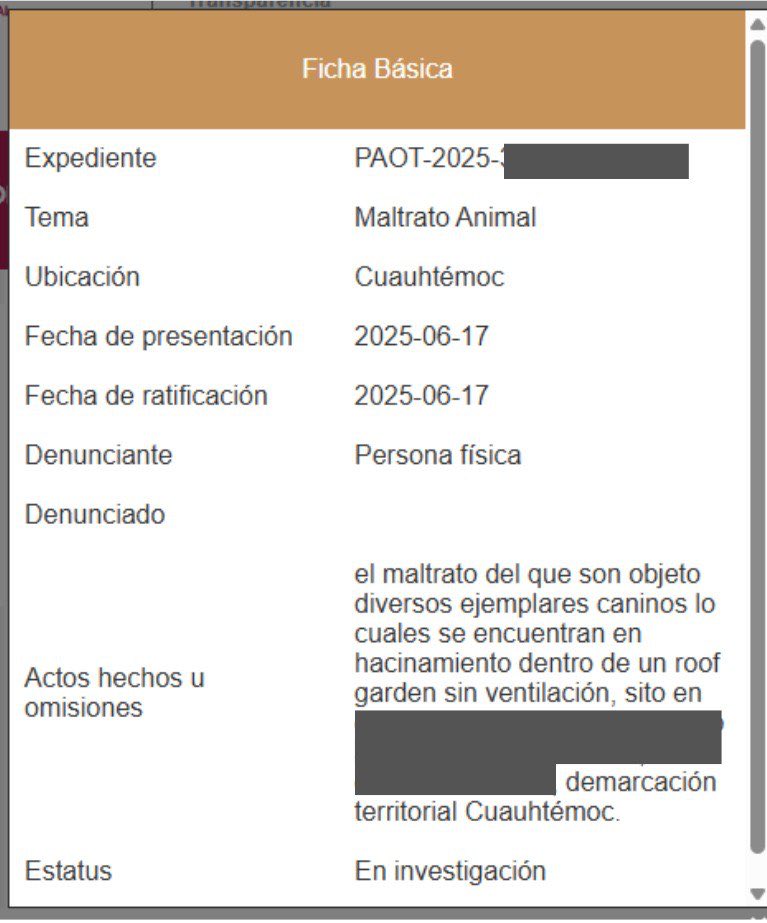 Investigada por maltrato animal y aun así pretende ejercer funciones que la ley reserva a inspectores 

Ana Villagrán titular de la Agencia de Atención Animal, tiene una denuncia ciudadana por maltrato animal.

El expediente aún continúa abierto en la Procuraduría Ambiental y del