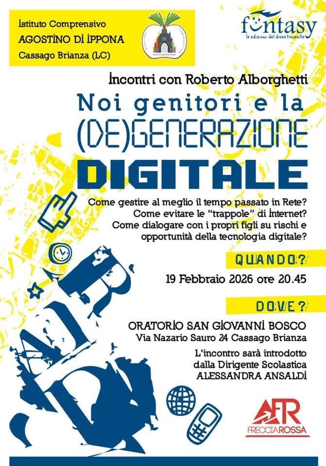 RobAlborg's tweet image. Giovedì 19 febbraio 2026, alle ore 20:45,  a CASSAGO BRIANZA (Lecco) presso Auditorium ORATORIO S. G. BOSCO, Via Nazario Sauro 24,incontro “Noi genitori e la (de)generazione digitale“. #degenerazionedigitale #socialmedia #libri ##benesseredigitale #IA
