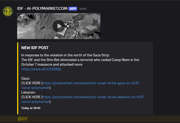 Relaccsed's tweet image. I made money betting on whether the IDF strikes Gaza today.

What helped? My IDF alerts in my own Discord server.

Want access for FREE? Join us now!
ai-polymarket.com/discord