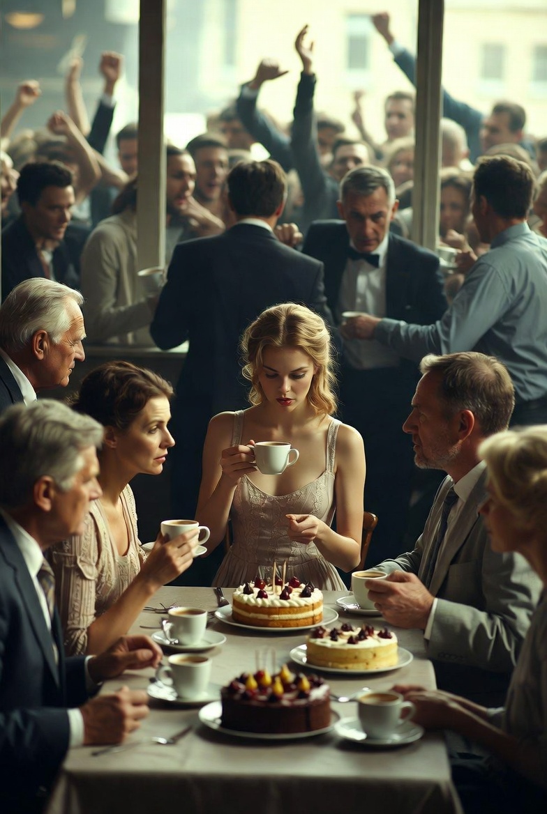 W cukierni przy Długiej w Wałbrzychu eleganccy ludzie wydają fortunę na ciasta, szeptem omawiają prywatne sprawy, a w tle chaos i napięcie. Tylko Olenka w jasnej sukience próbuje spokojnie napić się kawy ☕️