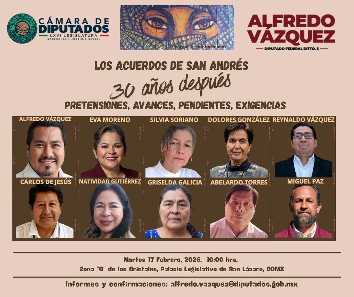 Sicetno's tweet photo. Foro "Los Acuerdos de San Andrés  30 años después: Pretensiones, avances, pendientes y exigencias"
CDMX, San Lázaro, 17 de febrero, 09 a 13:30 hrs
Mesa 1 Testimonios de los actores
Mesa 2 Participación de la sociedad civil https://t.co/OR4HDaAKiU