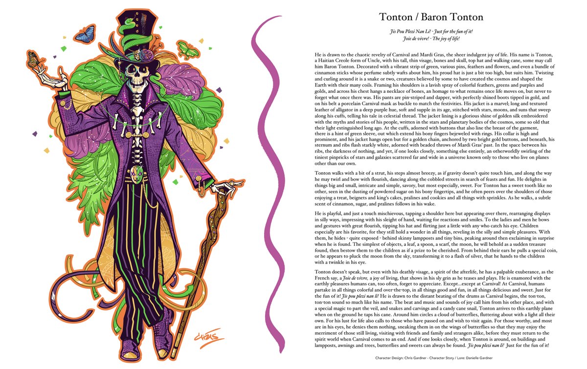 The tale of #BaronTonton. Alright folks, pass it around, share, scream it to the hills, retweet it, blow it up for Baron! I'd love the world to know his tale. Give him some love! #MardiGras 💛💚💜💀🎩💀💜💚💛