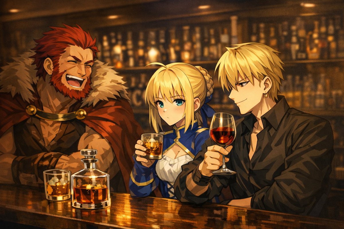 Lily9032's tweet photo. 征服王・英雄王・騎士王の生き様とか思想を考えてたのに、
BGMで「酒と泪と男と女」が流れてきた結果、脳内がこうなった。
🍸BARカウンターver
🍻居酒屋ver
※AI生成／非公式イメージ

#AI生成 #AIイラスト #イメージ画像 #非公式 #二次創作 https://t.co/qoe6acLBnu