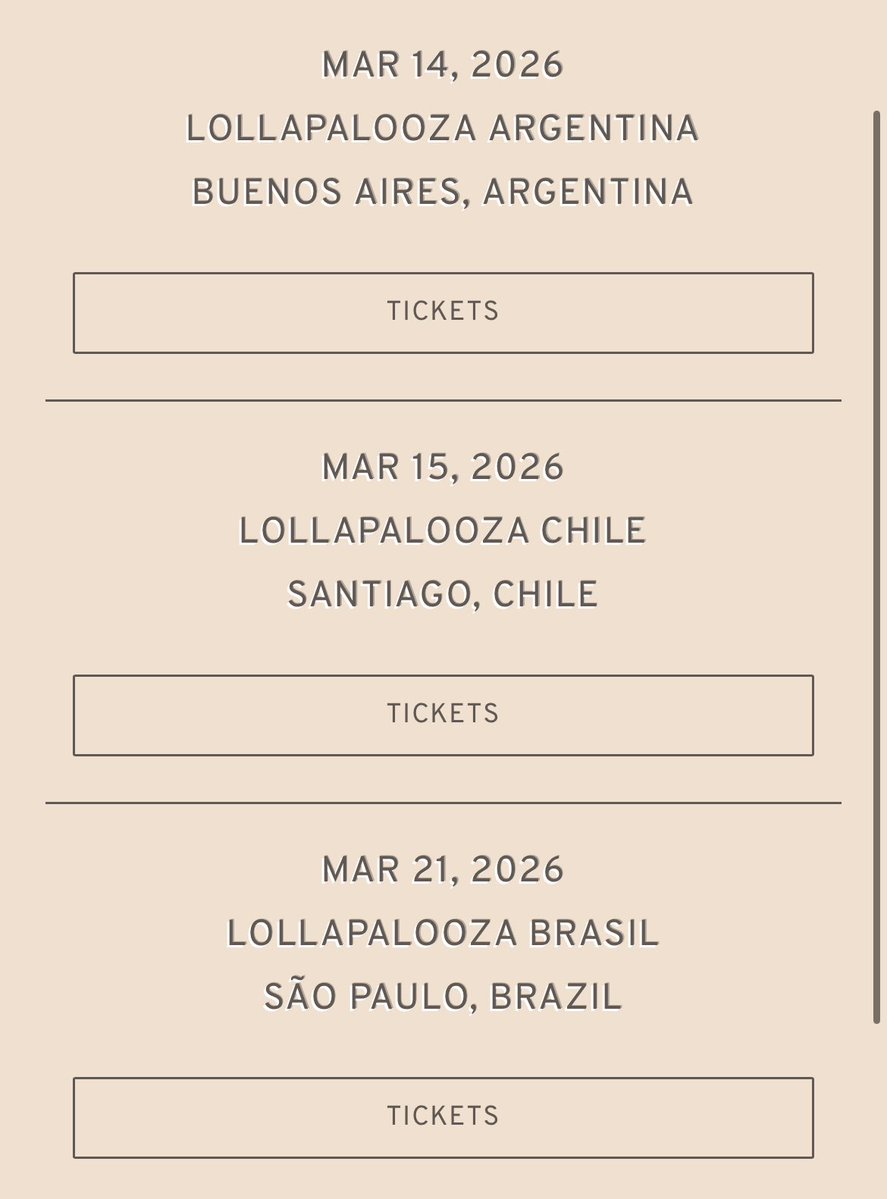 É OFICIAL! 🤍

Os próximos (e também últimos) shows de Chappell Roan em 2026 serão na América do Sul! 

14 de Março - Lollapalooza Argentina
15 de Março - Lollapalooza Chile
21 de Março - Lollapalooza Brasil 🇧🇷