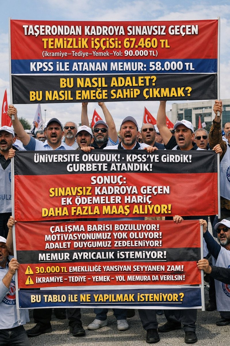 KAMUDA MAAŞ VE GELİR ADALETSİZLİĞİ
Üniversite mezunu -> KPSS ile kadro -> Memur:
Sadece maaş: 58-61 Bin TL
Taşeron şirket elemanı -> Sınavsız Kadro -> Kamu İşçisi: Maaş+İkramiye+Tediye+Yemek+Yol 90 Bin TL.

2026 Mart ve Eylül
130-140 Bin TL

ARADAKİ FARK
70-80 Bin TL
#memur