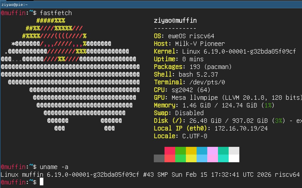 Ziyao233's tweet photo. eweOS now runs on Sophgo SG2042 with Linux 6.19 and only one patch cherry-picked from list!
Thanks Chen Wang, Inochi Amaoto, and other folks for work on SG2042 support in mainline Linux, and @revy4rv for a nice EDK2 firmware with upstream devicetree ABI :) https://t.co/8aMwoAl66J