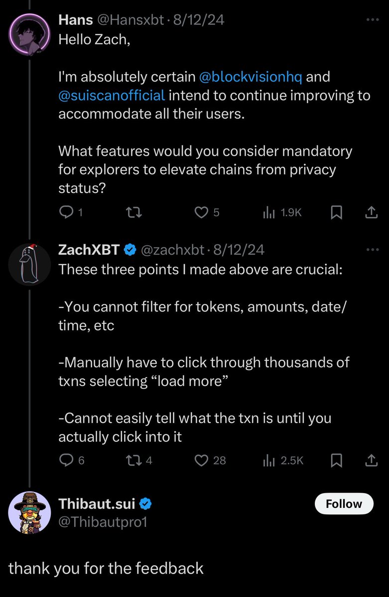 zachxbt's tweet photo. @CarlotaFang77 @EmanAbio Nearly 1.5 yrs has passed since these replies and the Sui ecosystem could not implement column filters or other basic features https://t.co/Hla3ux83Ky