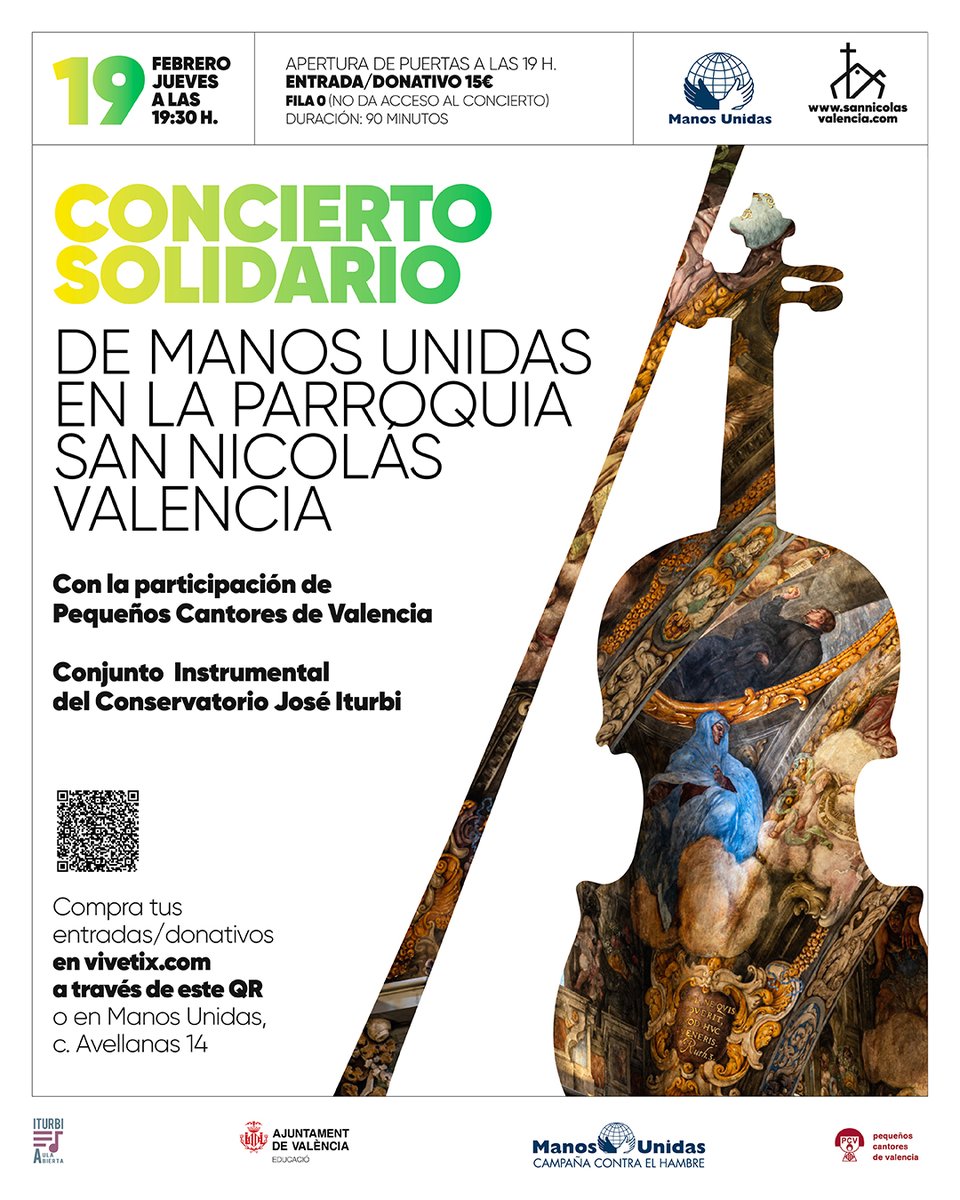 AjuntamentVLC's tweet photo. 🎶 Vine i viu la música en directe per una bona causa a #València!
🎤 El Conjunt Instrumental i grups de cambra del Conservatori municipal José Iturbi, amb el cor @PequesValencia, oferixen un #concertsolidari de música barroca i vocal a benefici de @ManosUnidasONGD.
📅 Dijous 19 de febrer
🕢 19:30 h
📍 Església de Sant Nicolau
🎟️ Entrades solidàries i fila 0: https://t.co/kPydaY5CQP
#VLCMusicCity