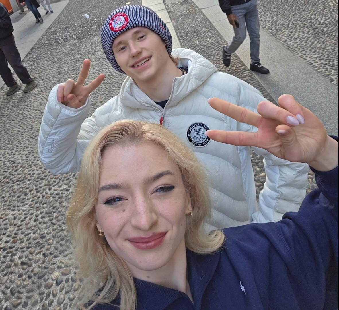 Ilia Malinin in selfies with Amber Glenn in Milan, Italy earlier this  February.