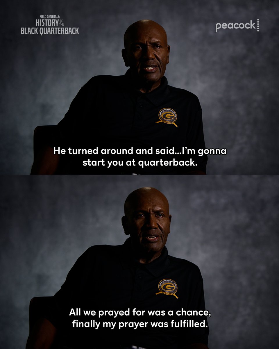 peacock's tweet image. All they asked for was an opportunity. 

#FieldGenerals: History of The Black Quarterback is streaming on Peacock.