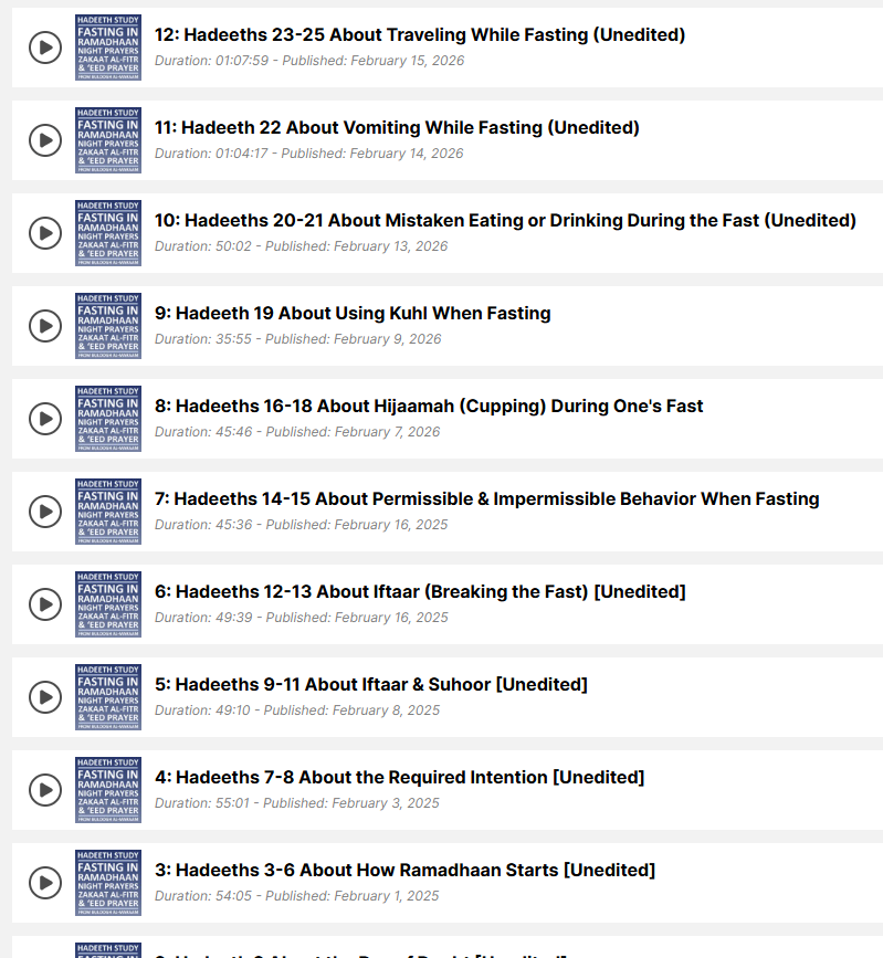 Our recent recordings in study of the Chapter of Fasting from  Buloogh al-Maraam are all now available on our Spreaker channel, wal-hamdu lillaah:

spreaker.com/podcast/fastin…