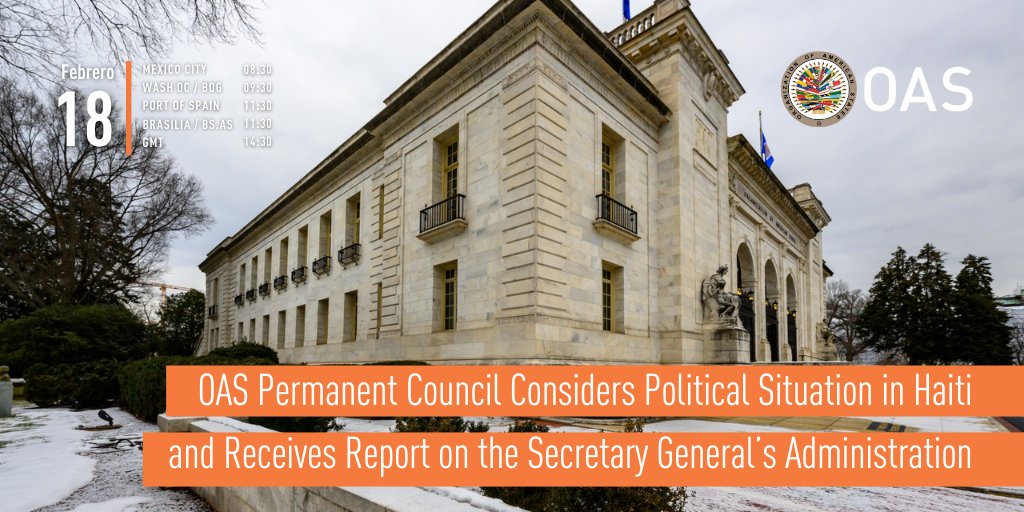 OAS_official's tweet photo. #WEDNESDAY | #OAS Permanent Council Considers Political Situation in #Haiti and Receives Report on the Secretary General’s Administration @SG_OEA_OAS 

🗓️ February 18
⏰ 9:30 EST (14:30 GMT)
📺 https://t.co/UNuXoqH8wE
📍 Simón Bolívar Room
ℹ️ https://t.co/2Dl5W0roku https://t.co/pJd01Yrbkv