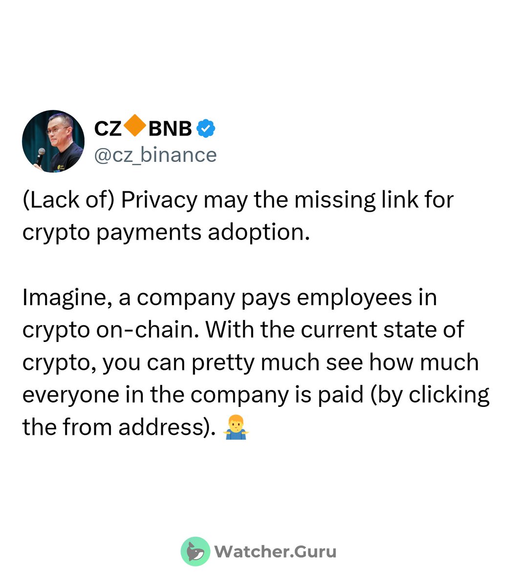 Binance founder CZ says lack of privacy is the missing link to crypto payment adoption.