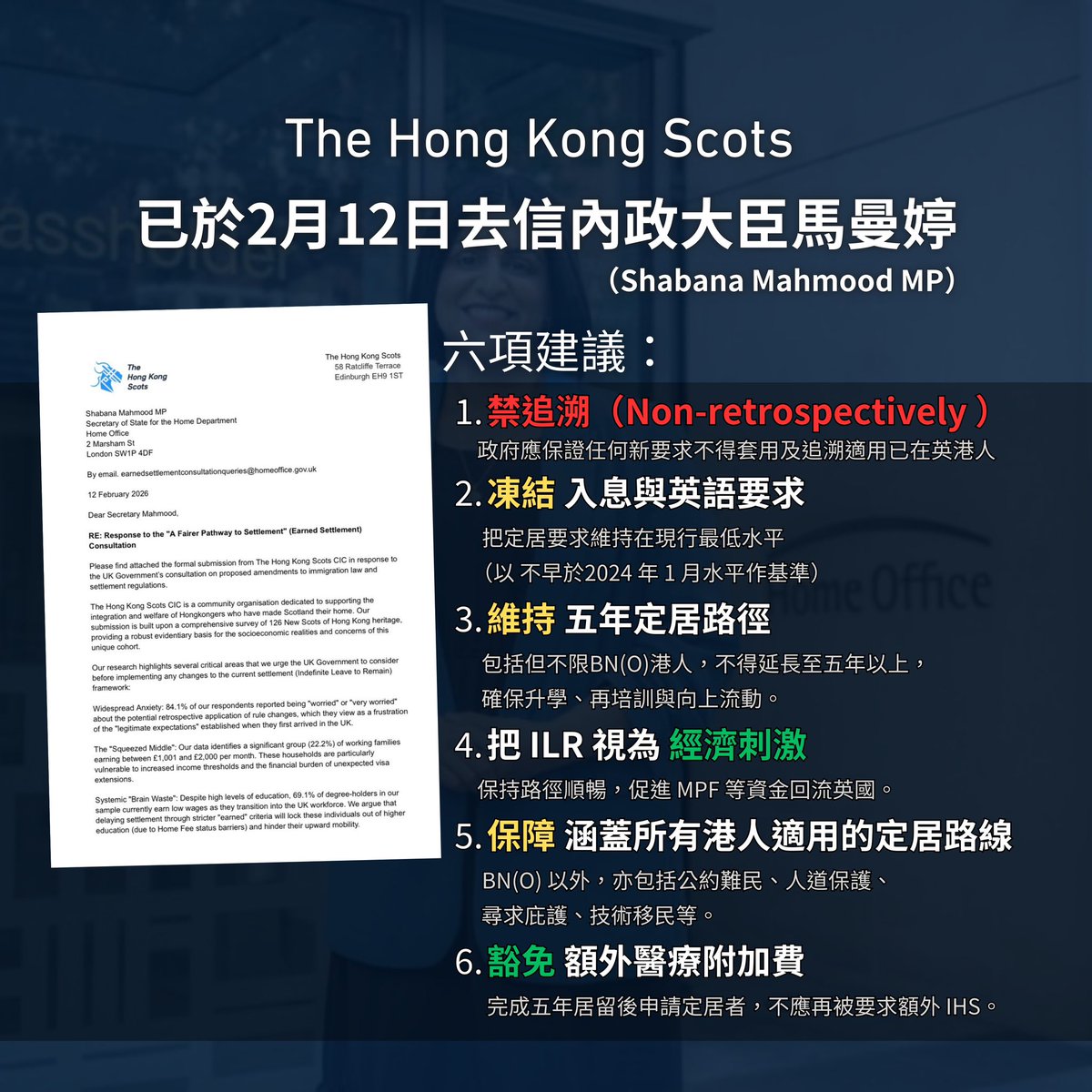 5) 保障各路線港人：含公約難民、人道保護、尋求庇護、技術移民等。
6) 免額外 IHS：完成 5 年居留申請定居，不應再加醫療附加費。

報告 PDF
thehongkong.scot/wp-content/upl…