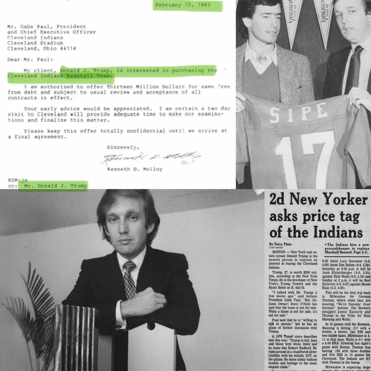 MrCleveland_216's tweet image. February 15, 1983: The Offer⚾️

Future US President Donald J. Trump offers to buy Indians

⚾️🇺🇸

In letter sent to Gabe Paul, his lawyer offers $13M

Trump was in the Cleveland news quite a bit in ‘83…later that year he signed Browns QB Brian Sipe to USFL

#TheDonald
