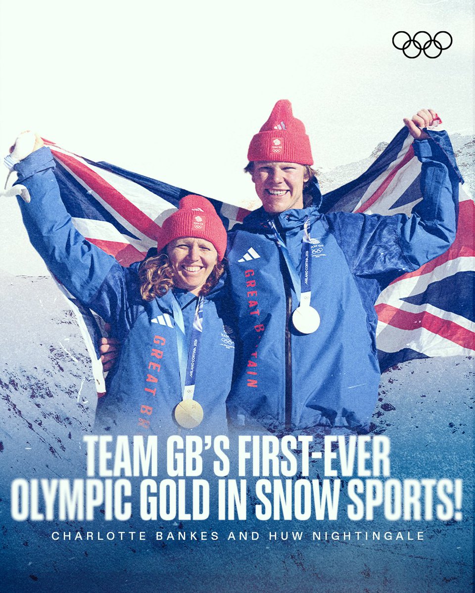 Olympics's tweet photo. What a historic day for Team GB! 🥇🇬🇧

Charlotte Bankes and Huw Nightingale powered their way to Team GB’s first-ever Olympic snowboard gold in the mixed team snowboard cross. An unforgettable moment on the snow.

Time to celebrate! 🎉

#Olympics https://t.co/kTpRVIrwtd