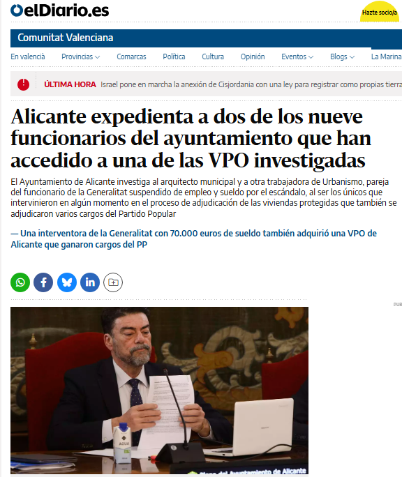 JulianMaciasT's tweet image. Nueve funcionarios del Ayuntamiento de Alicante, además de la concejala de Urbanismo, accedieron a un piso en la promoción de Viviendas de Protección Oficial.
eldiario.es/comunitat-vale…