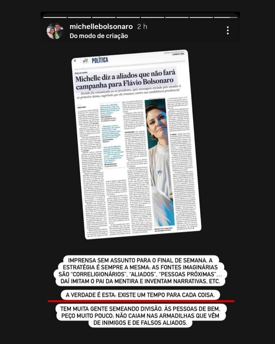 Michelle Bolsonaro finalmente se pronunciou sobre a matéria do Estadão.
Ela apenas se defendeu e, mais uma vez, não declarou apoio ao Flávio.
Observem o trecho grifado em vermelho: diz que “não é hora”.
Se não for agora, vai ser quando?
Ele precisa de todo apoio com urgência.