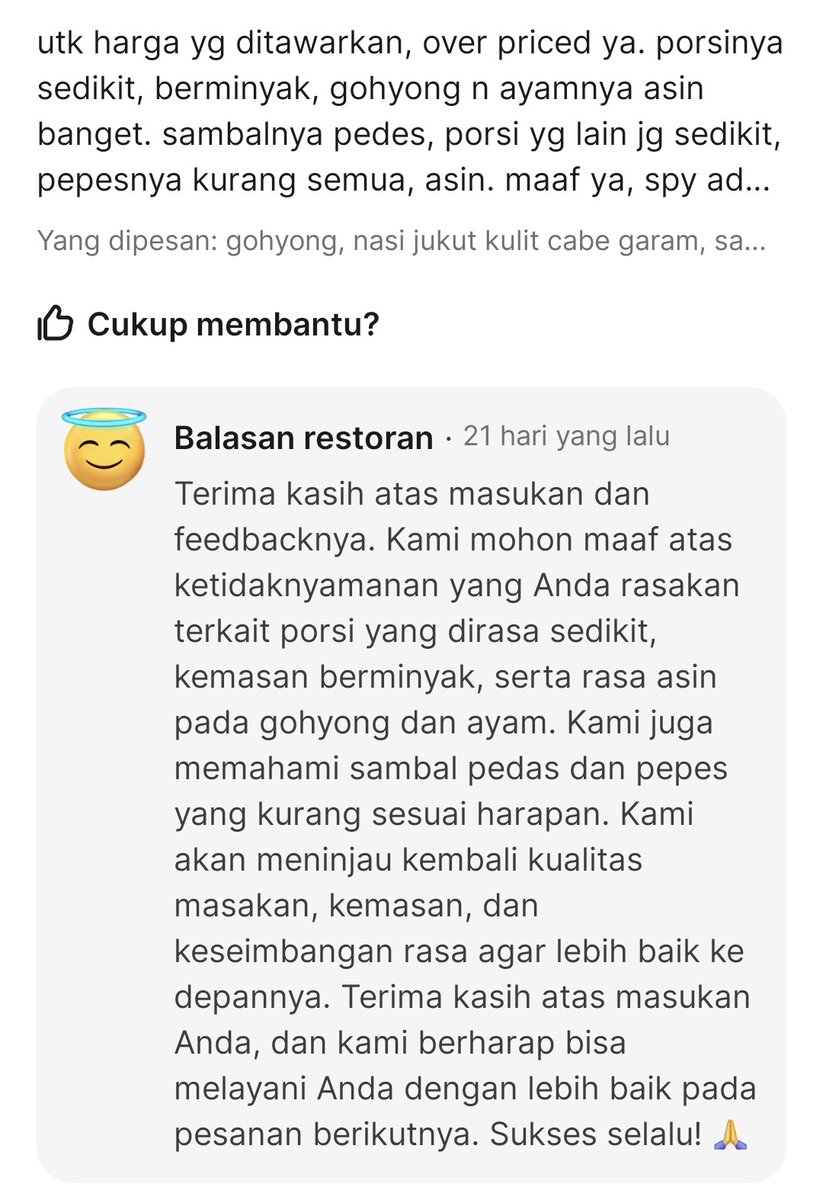 mooninggar's tweet photo. Balesan restoran di Gr*b ini AI ya? Males banget, nulis review nya beneran, yang bales robot 😒 https://t.co/E1IzMMRs4R