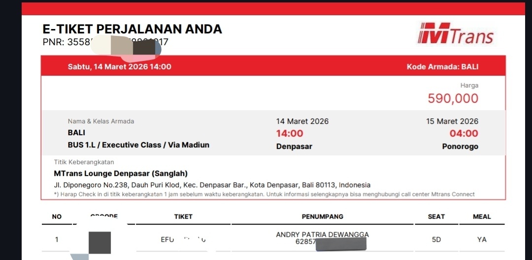 Gais kalo ada temen/sodara yang mau mudik dari Denpasar ke Madiun/Ponorogo tgl 14 Maret bisa beli tiket MTrans ku yaa 🥲