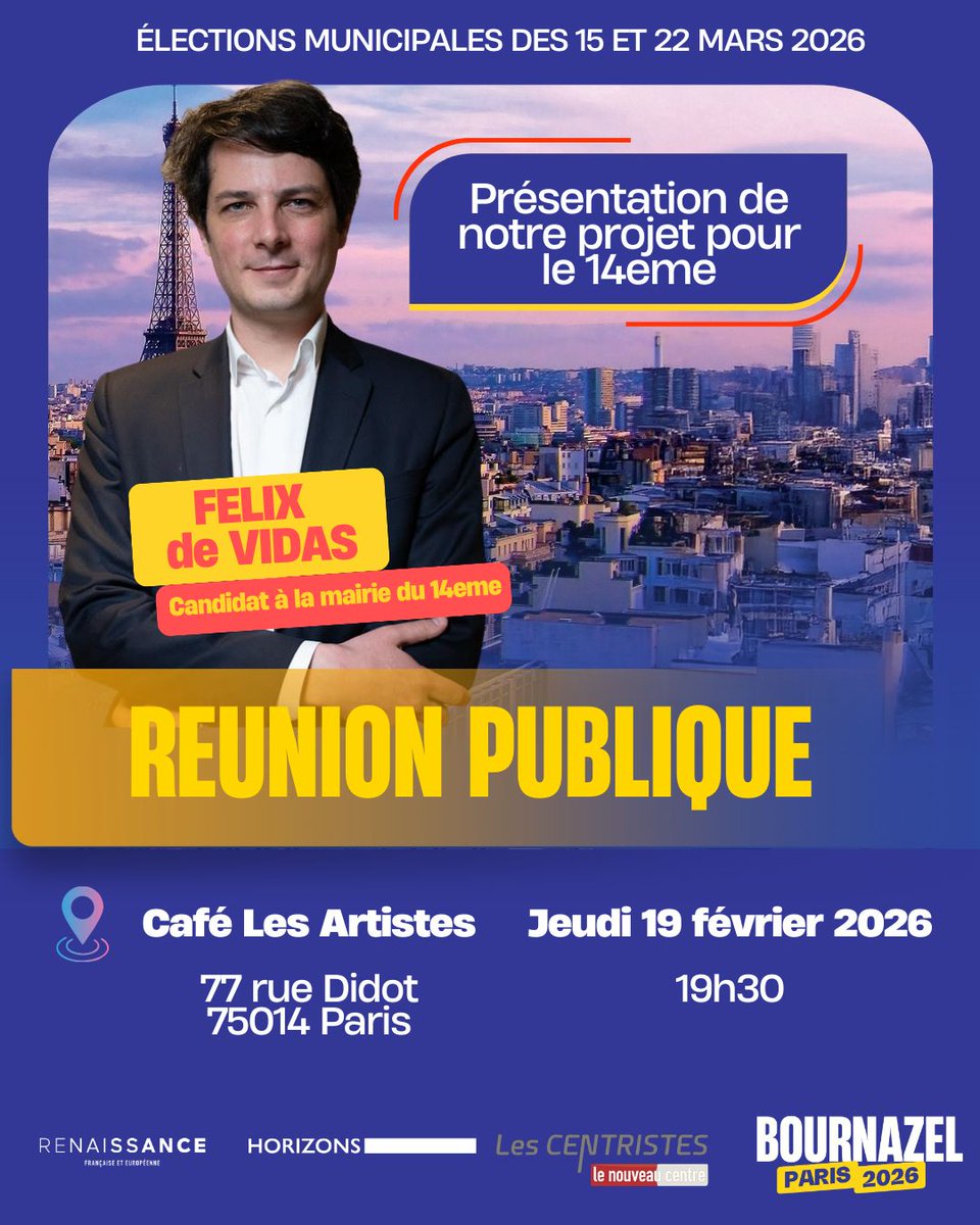 📍 Jeudi 19 février à 19h30 
Venez échanger avec Félix de Vidas et son équipe à l'occasion de la présentation de notre projet pour le 14ème.
👉 Rendez-vous aux Artistes - 77 rue Didot - 75014 Paris
➡️ Les 15 et 22 mars, votons pour la véritable alternance.
#Paris14