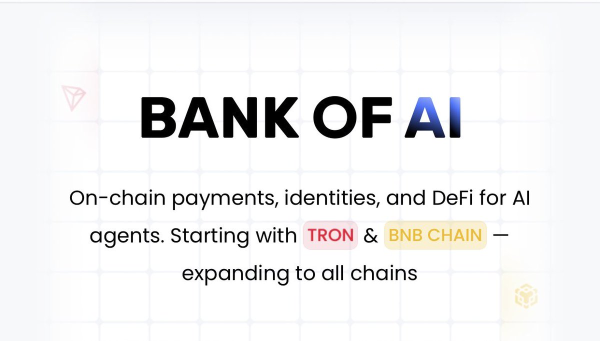 AINFT introduces Bank of AI, a financial layer built for autonomous agents.

On-chain payments, identity, and DeFi come together in one programmable stack, launching on TRON and BNB Chain with multi-chain expansion ahead.

<a href="/justinsuntron/">H.E. Justin Sun 👨‍🚀 🌞</a> <a href="/OfficialAINFT/">AINFT</a> 
#TRONEcoStar