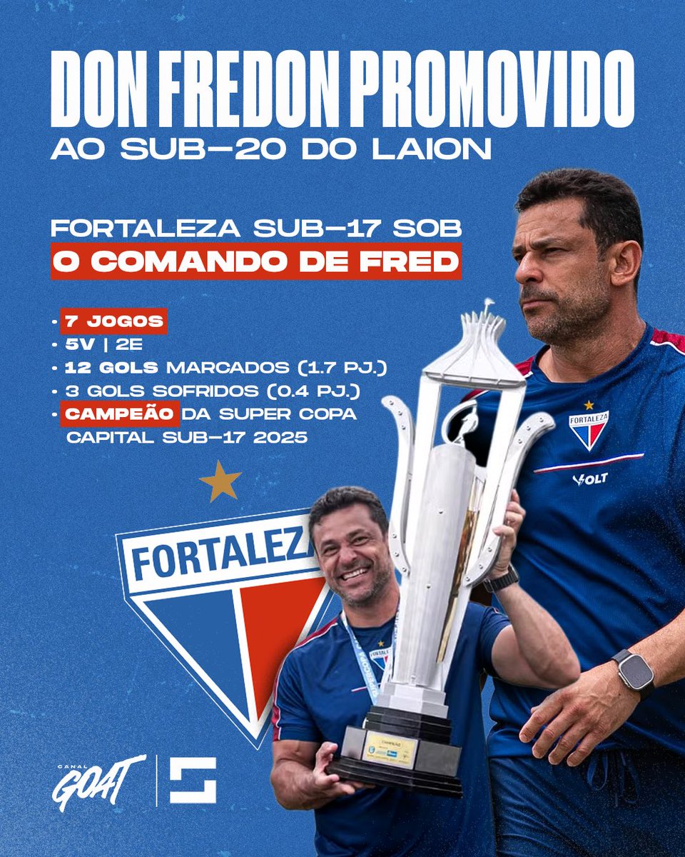 CanalGOATBR's tweet image. O trabalho no Sub-17 deu resultado! Fred foi promovido ao comando do Sub-20 do Laion. O retrospecto no Sub-17 não deixa dúvidas de que o futuro da categoria do Fortaleza está em boas mãos. Se liga nos números do Don Fredon!

📸 Samuel Reis/FEC I #CanalGOAT #Fortaleza