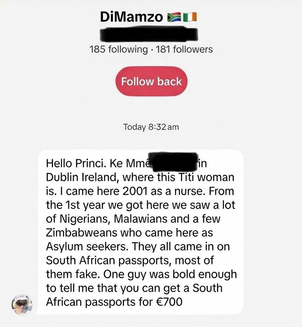 Received this message from someone in Dublin.

If South African passports can be bought for €700 and used to claim asylum abroad, then we are dealing with organised fraud and not just migration.

<a href="/HomeAffairsSA/">HomeAffairsSA 🇿🇦</a> what safeguards are in place to protect the integrity of South